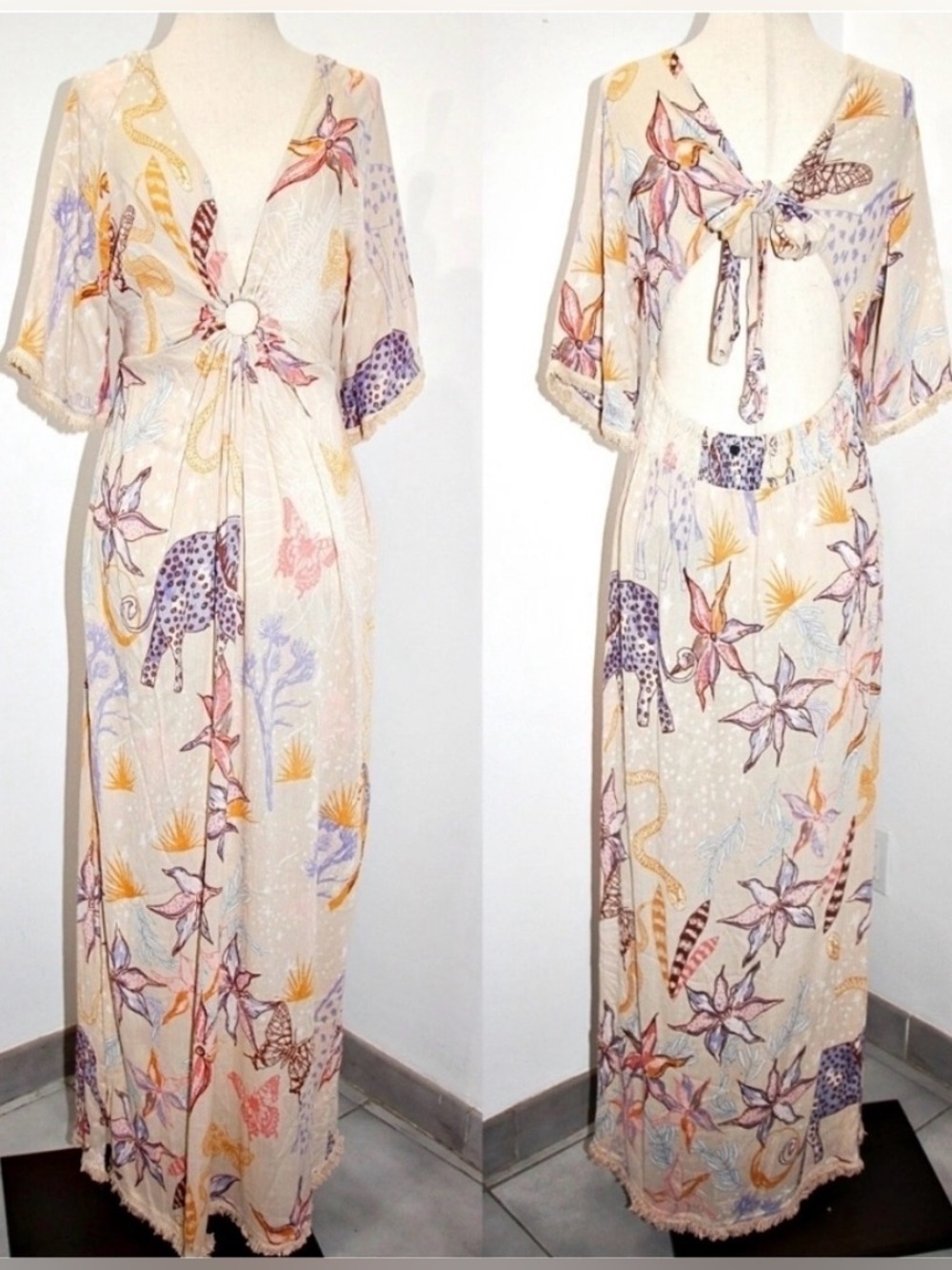 Z&L Europe V-Neck Tie up Open Back Bell Sleeves Trim 54” Long Maxi Dress